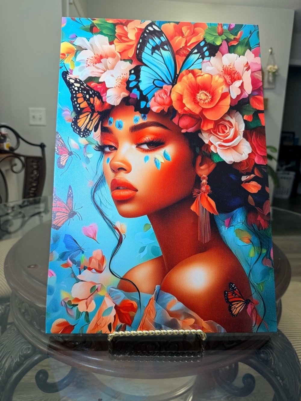Vibrant Floral Butterfly Portrait Art Print - Blue & Orange